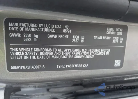 2024 Lucid Air Pure z USA, uszkodzony, nr VIN 50EA1PGA5RA006713